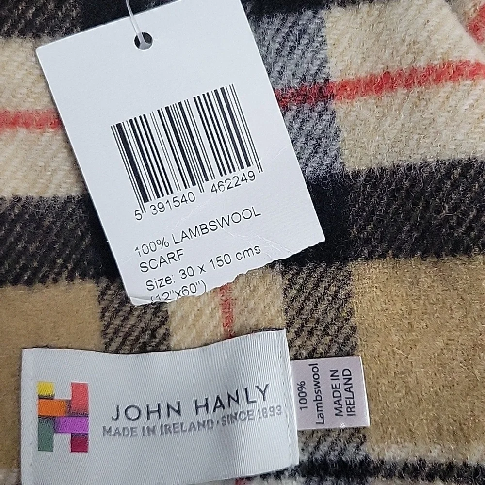 NWT John Hanly Irish Wool Merrick Tarten Plaid Scarf Tan Black & Red Unisex